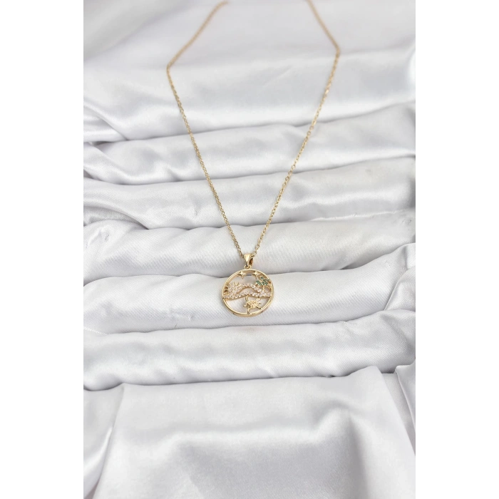 HarmonyAura 316L Çelik Zincir Gold Renk Şans Kolyesi Model Zirkon Taşlı Kadın Kolye