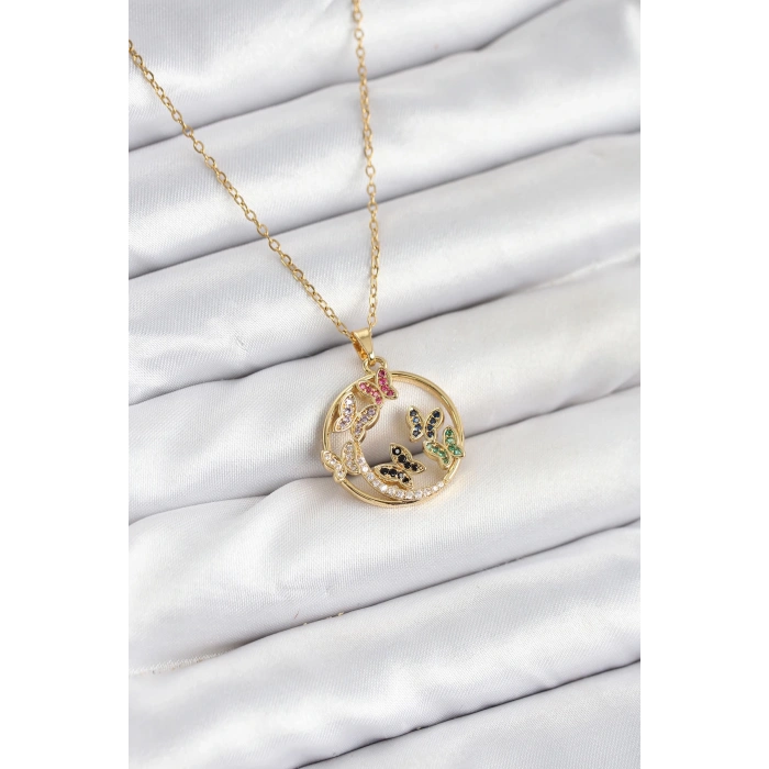 HarmonyAura 316L Çelik Zincir Gold Renk Zirkon Taşlı Kelebekli Kadın Kolye