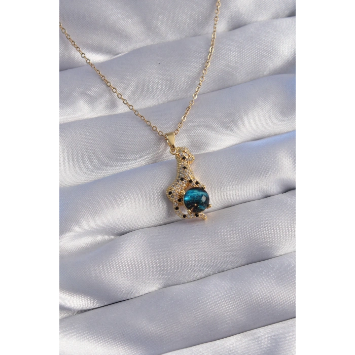 HarmonyAura 316L Çelik Zincir Gold Renk Zirkon Taşlı Panter Figürlü Gezegen Kolye