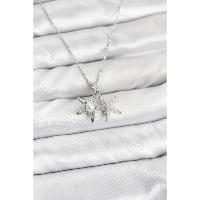 HarmonyAura 316L Çelik Zincir Gümüş Renk Deniz Yıldızı Model Zirkon Taşlı Kadın Kolye