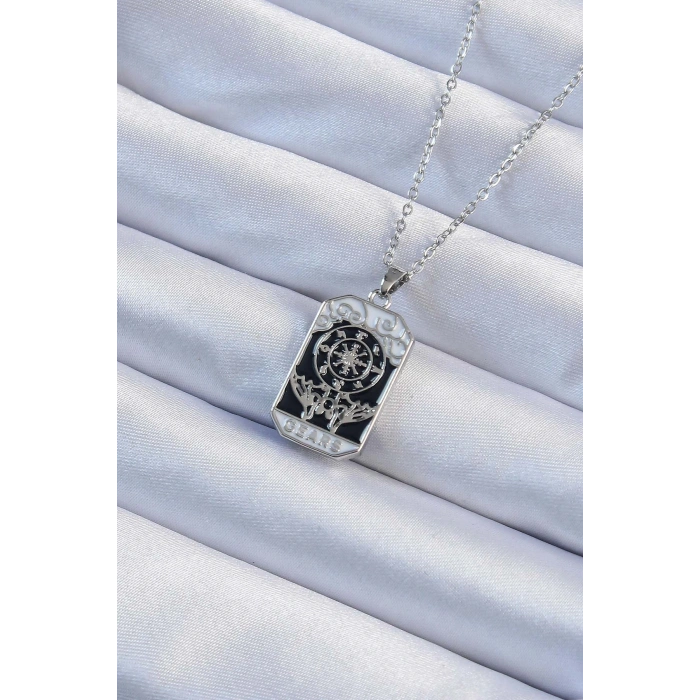 HarmonyAura 316L Çelik Zincir Gümüş Renk İşlemeli Siyah Mineli Tarot Kolye