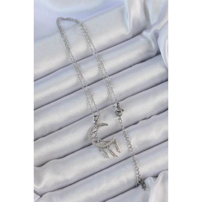 HarmonyAura 316L Çelik Zincir Gümüş Renk İşlemeli Zirkon Taşlı Ay Kolye