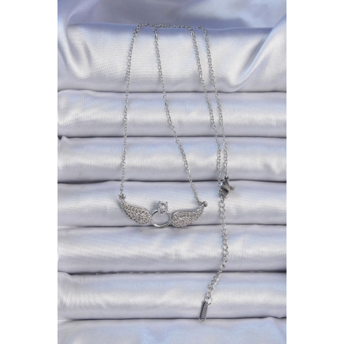 HarmonyAura 316L Çelik Zincir Gümüş Renk Kanatlı Tektaş Kolye