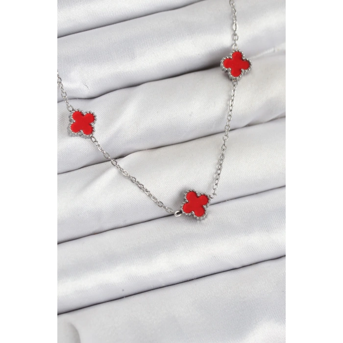HarmonyAura 316L Çelik Zincir Gümüş Renk Kırmızı Baby Boy Yonca Kadın Kolye