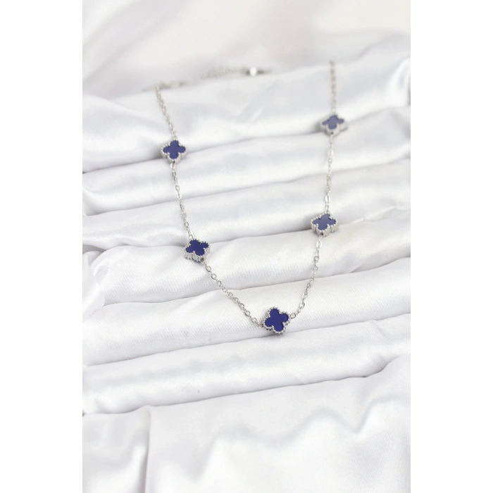 HarmonyAura 316L Çelik Zincir Gümüş Renk Lacivert Baby Boy Yonca Kadın Kolye