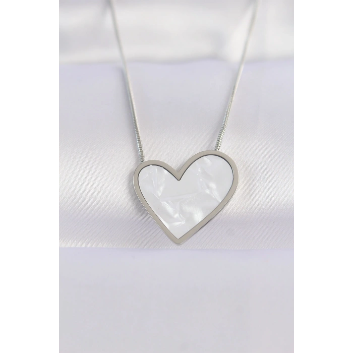 HarmonyAura 316L Çelik Zincir Gümüş Renk Mermer Desenli Kalp Kolye