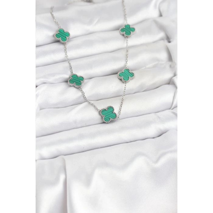 HarmonyAura 316L Çelik Zincir Gümüş Renk Yeşil Yonca Kadın Kolye