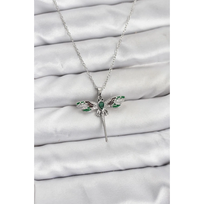 HarmonyAura 316L Çelik Zincir Gümüş Renk Yusufçuk Model Zirkon Taşlı Kadın Kolye