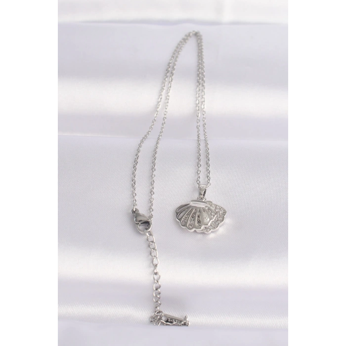 HarmonyAura 316L Çelik Zincir Gümüş Renk Zirkon Taşlı İnci Detay İstiridye Kolye