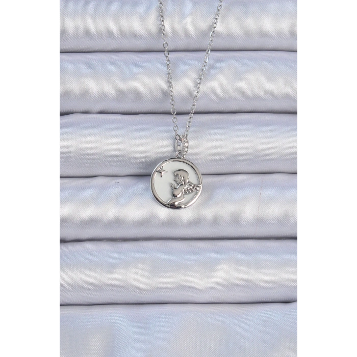 HarmonyAura 316L Çelik Zincir Gümüş Renk Zirkon Taşlı Mineli Melek Kolye