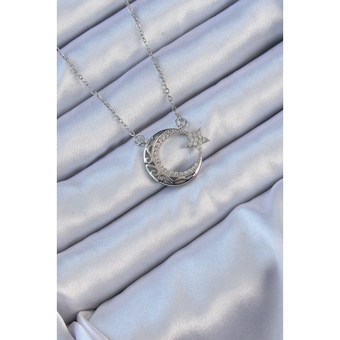 HarmonyAura 316L Çelik Zincir Gümüş Renk Zirkon Taşlı Motifli Ay Yıldız Kolye