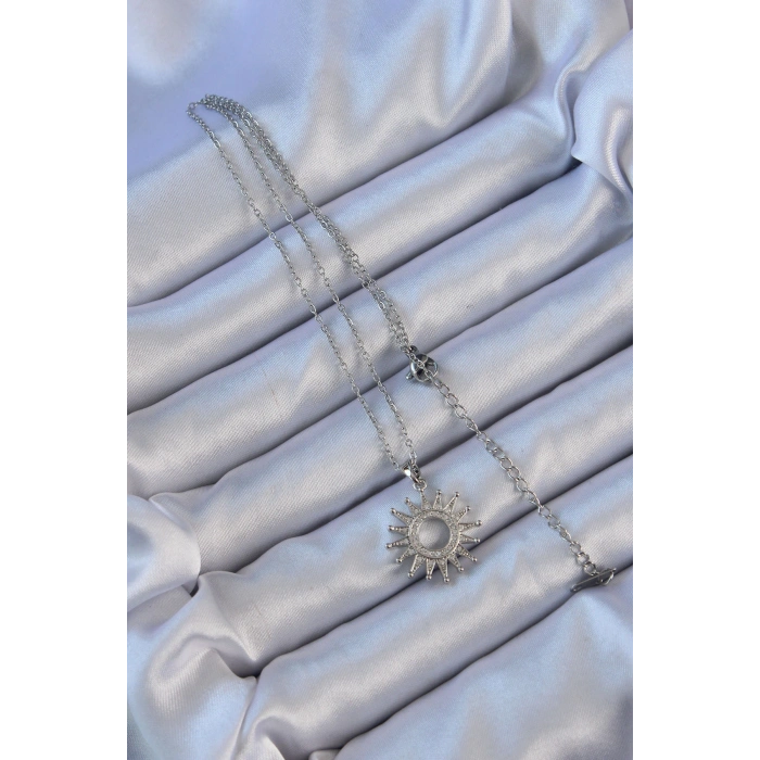 HarmonyAura 316L Çelik Zincir Gümüş Renk Zirkon Taşlı Parlayan Güneş Kolye