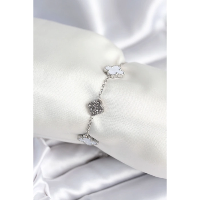 HarmonyAura 316L Çelik Zincir Gümüş Renk Zirkon Taşlı Yonca Beyaz Kadın Bileklik