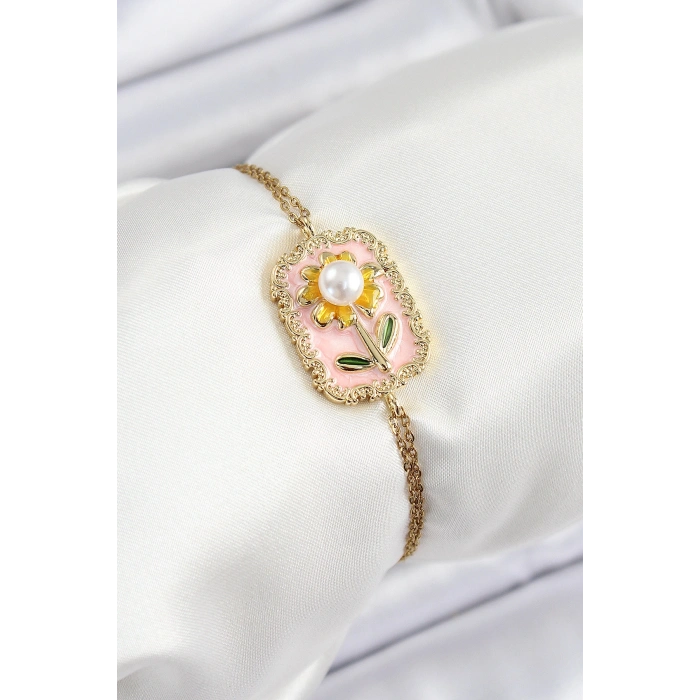 HarmonyAura 316L Çelik Zincir Pembe Mineli Sanatsal Portre İnci Detaylı Papatya Model Gold Renk Kadın Bileklik