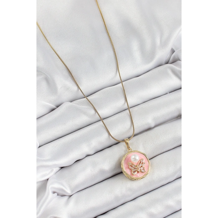 HarmonyAura 316L Çelik Zincir Zirkon Taşlı Pembe Sanatsal Portre İnci Detaylı Kelebek Model Gold Renk Kadın Kolye