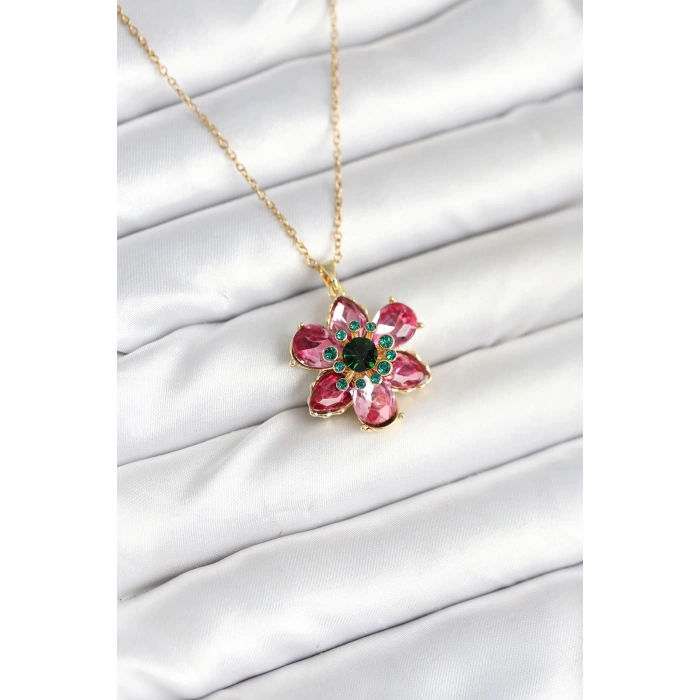 HarmonyAura 316L Çelik Zincirli Pembe Çiçek Model Kadın Kolye