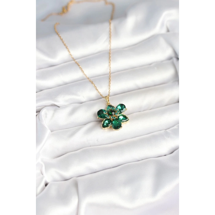 HarmonyAura 316L Çelik Zincirli Yeşil Çiçek Model Kadın Kolye