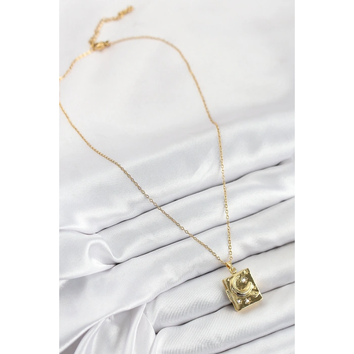 HarmonyAura 316L Çelik Zirkon Taşlı Açılabilr Kapaklı Kitap Model Gold Renk Kadın Kolye