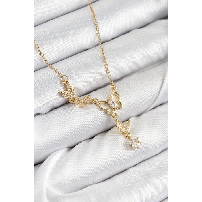 HarmonyAura 316L Çelik Zirkon Taşlı Kelebek Model Gold Renk Kadın Kolye