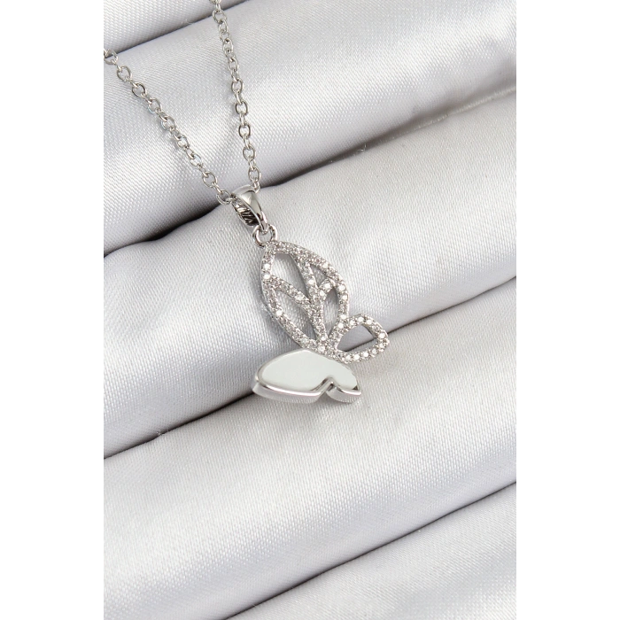 HarmonyAura 316L Çelik Zirkon Taşlı Kelebek Model Gümüş Renk Kadın Kolye