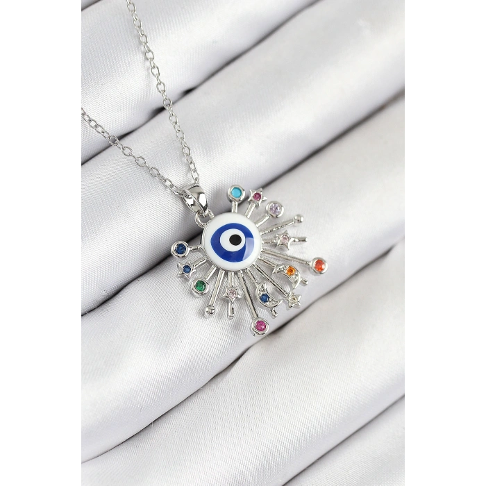 HarmonyAura 316L Çelik Zirkon Taşlı Nazar Model Gümüş Renk Kadın Kolye