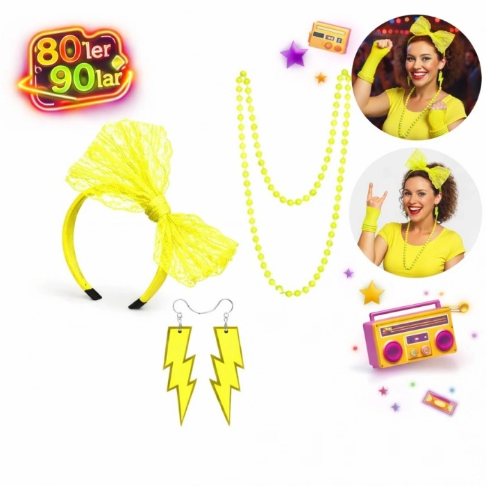 HarmonyAura 80’ler 90’lar Neon Sarı Parti Seti – Kolye Küpe Taç