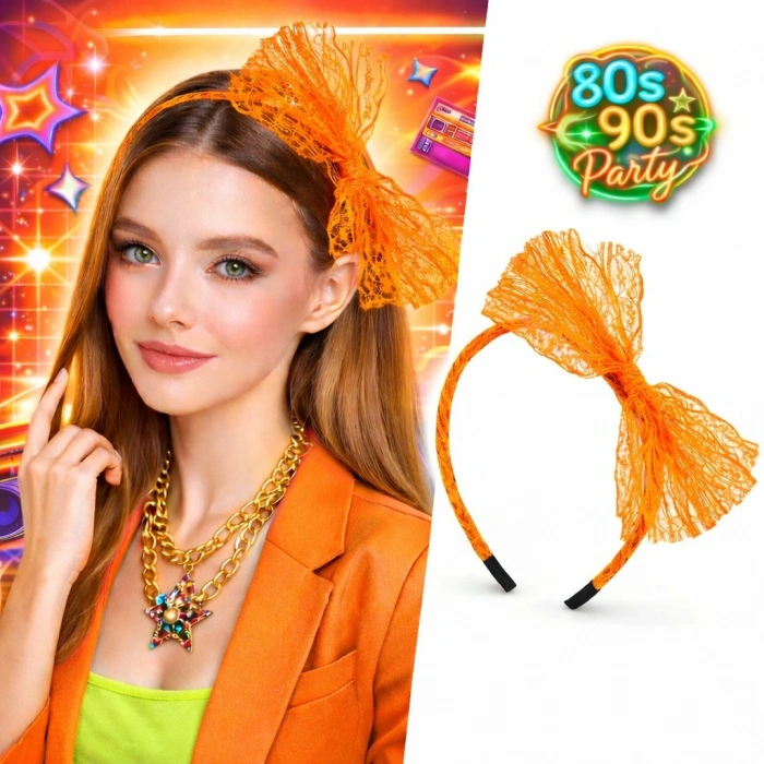 HarmonyAura 80’ler 90’lar Neon Turuncu Dantel Taç Fiyonklu