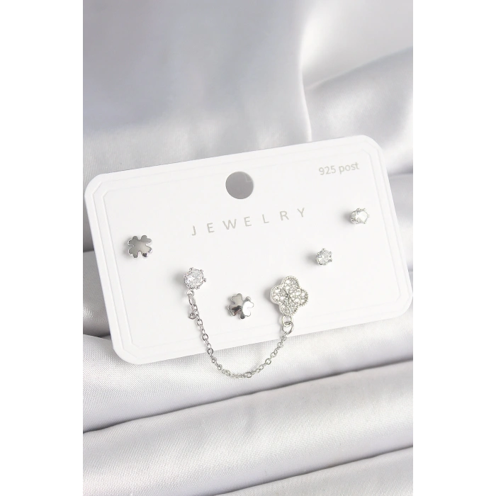 HarmonyAura 925 Ayar Gümüş Çivi Pirinç Gümüş Renk Zirkon Taşlı Yonca Model Sallantı Zincir Detay Kadın Küpe Seti