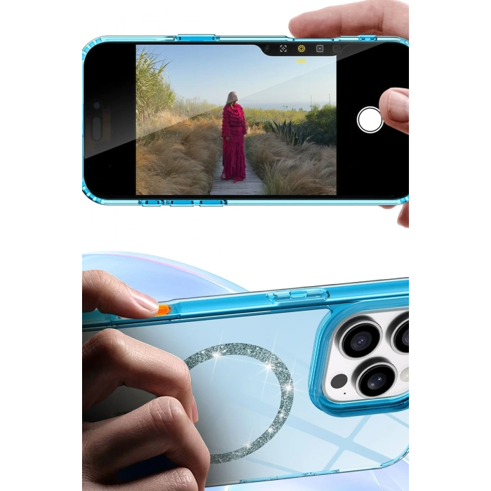 HarmonyAura Apple iPhone 14 Pro Max Live Diamond Magsafe Kapak - Mavi