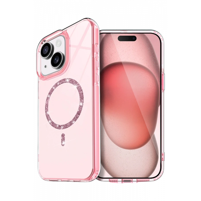 HarmonyAura Apple iPhone 15 Plus Live Diamond Magsafe Kapak - Pembe