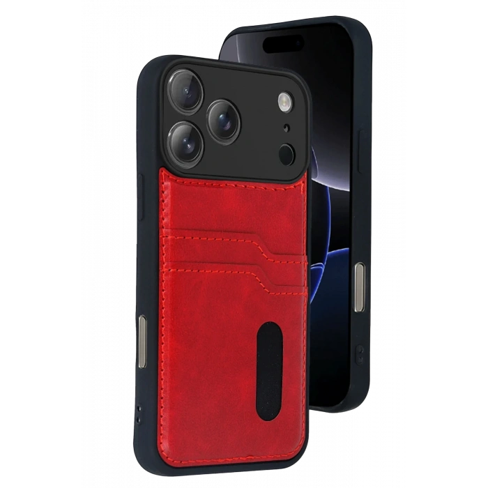 HarmonyAura Apple iPhone 17 Pro Max Sara Kartvizitli Deri Kılıf - Kırmızı
