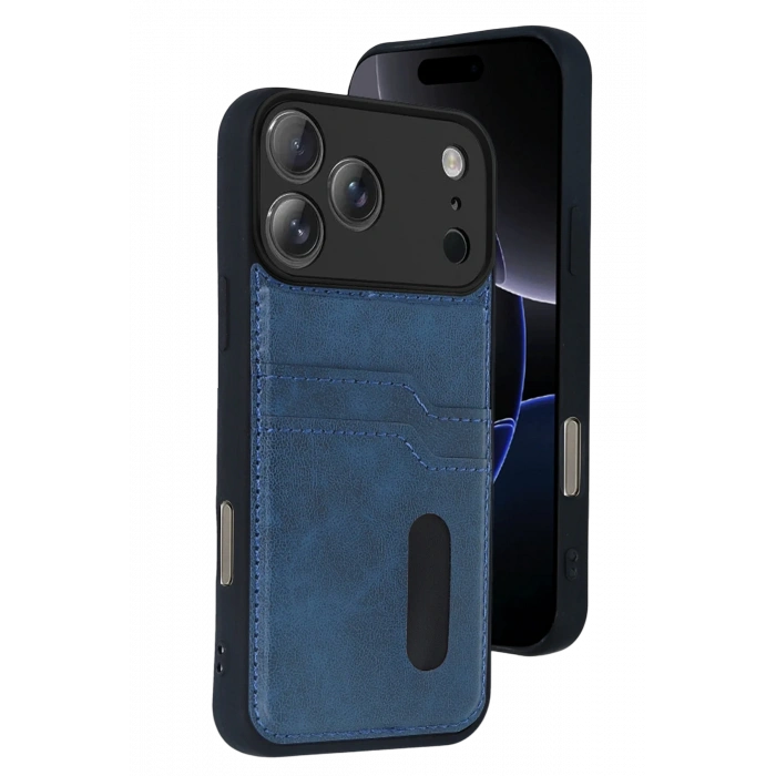 HarmonyAura Apple iPhone 17 Pro Max Sara Kartvizitli Deri Kılıf - Lacivert