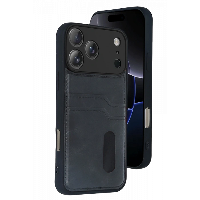 HarmonyAura Apple iPhone 17 Pro Max Sara Kartvizitli Deri Kılıf - Siyah