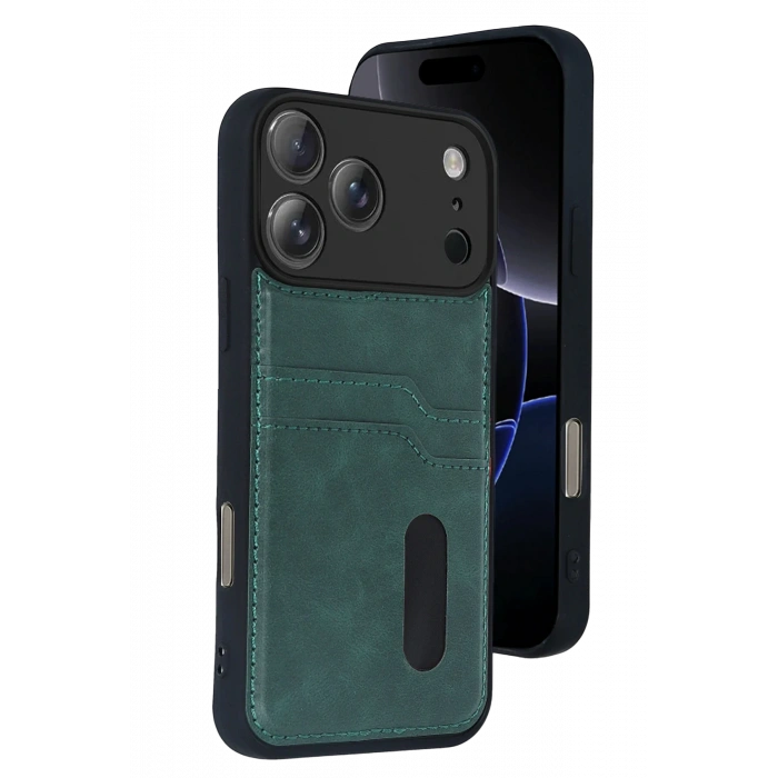 HarmonyAura Apple iPhone 17 Pro Max Sara Kartvizitli Deri Kılıf - Yeşil