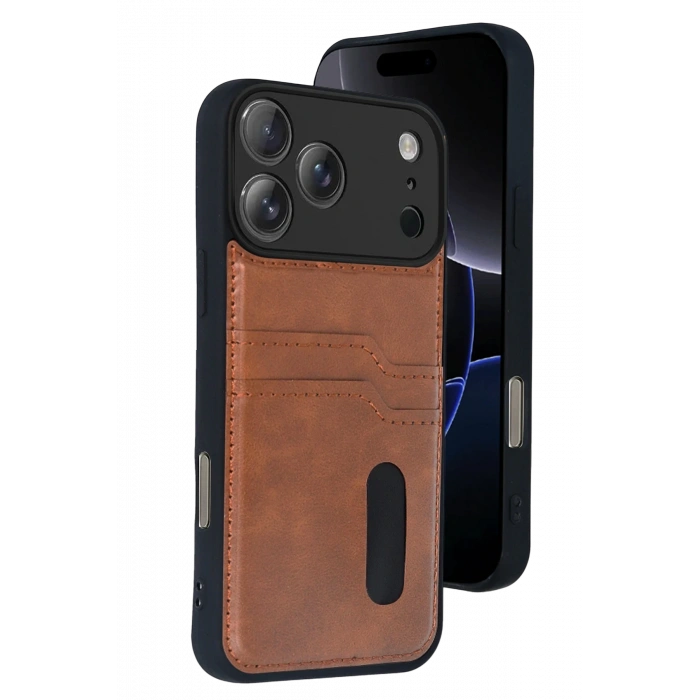 HarmonyAura Apple iPhone 17 Pro Sara Kartvizitli Deri Kılıf - Taba