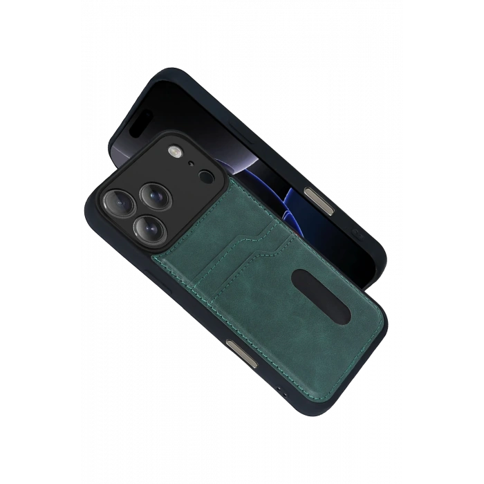 HarmonyAura Apple iPhone 17 Pro Sara Kartvizitli Deri Kılıf - Yeşil