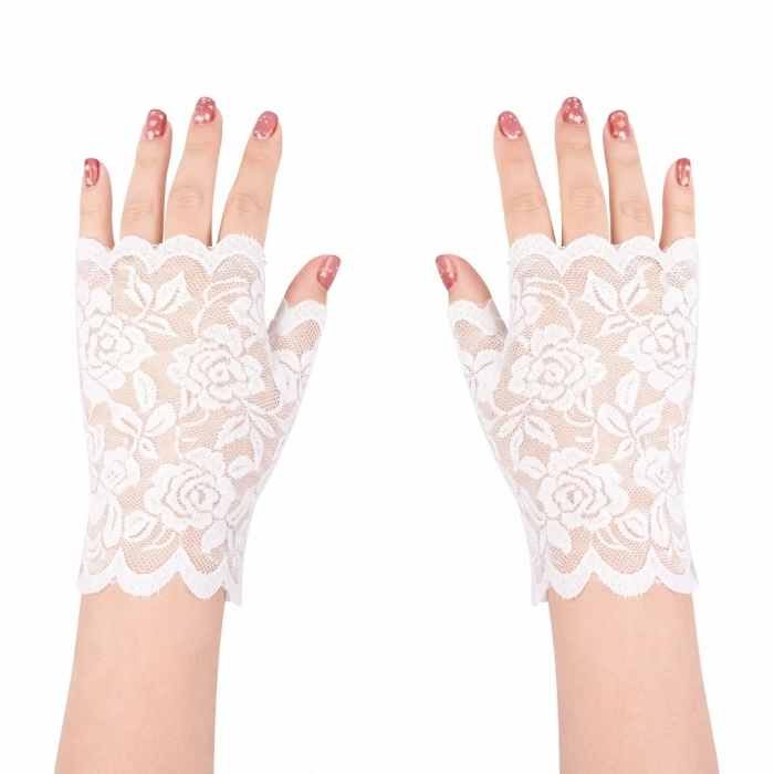 HarmonyAura Beyaz Dantel Parmaksız Kısa Eldiven