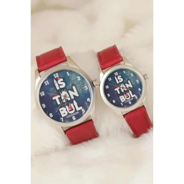 HarmonyAura Bordo Renk Deri Kordonlu İstanbul Tasarımlı Sevgili Saatleri