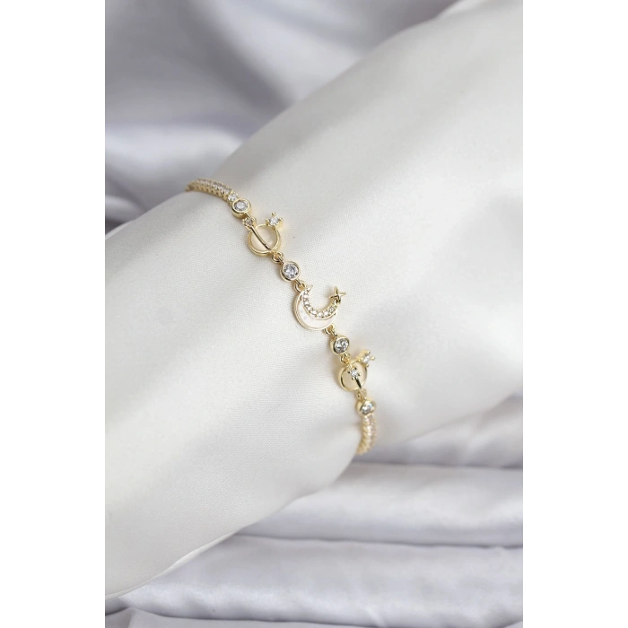 HarmonyAura Charmlı Model Zirkon Taşlı Gold Renk Su Yolu Kadın Bileklik