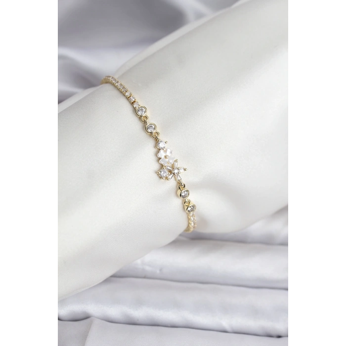 HarmonyAura Çiçekli Model Zirkon Taşlı Gold Renk Su Yolu Kadın Bileklik