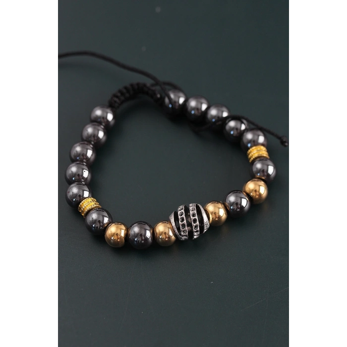 HarmonyAura Doğal Taş Sarmal Model Gold Ve Füme Renk Asansörlü Erkek Bileklik