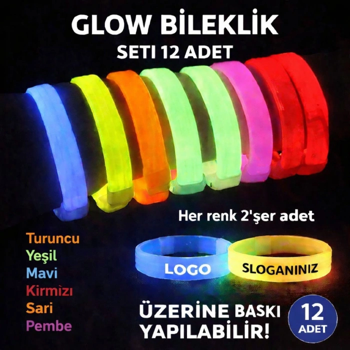 HarmonyAura Glow Kalın Bileklik 12’li Set | Baskıya Uygun Renkli Model