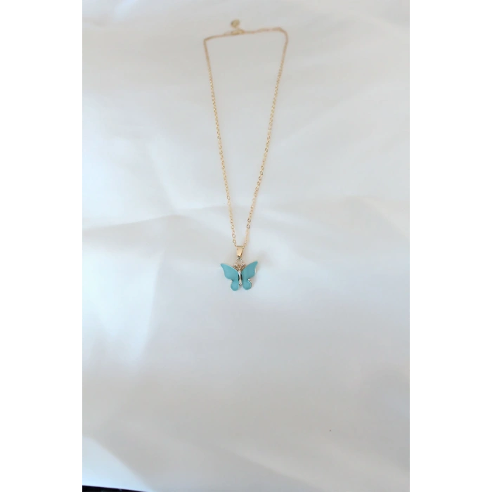 HarmonyAura Gold Kaplama Turkuaz Renk Sedefli Kelebek Kolye
