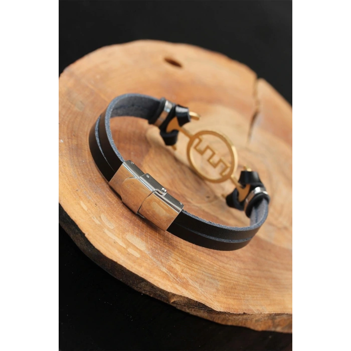 HarmonyAura Gold Renk Metal Labirent Tasarım Siyah Renk Deri Erkek Bileklik