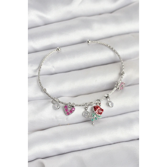 HarmonyAura Gül Charmlı Gümüş Renk Pirinç Kadın Bileklik