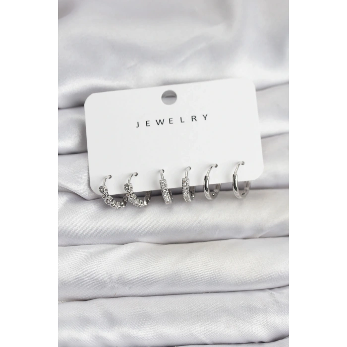 HarmonyAura Gümüş Renk Pirinç Zirkon Taşlı Kadın Küpe Seti