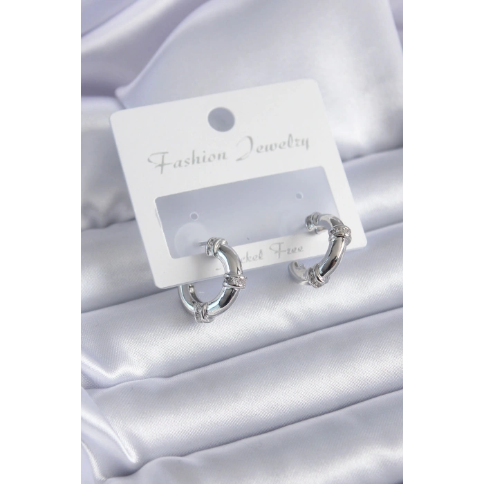 HarmonyAura Gümüş Renk Zirkon Taşlı Halka Model Pirinç Kadın Küpe