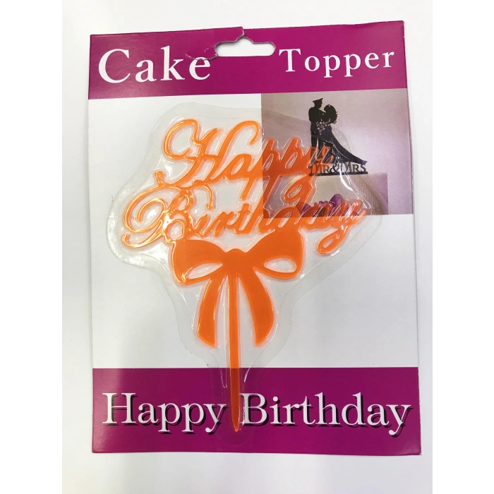 HarmonyAura Happy Birthday Yazılı Fiyonklu Pasta Kek Çubuğu Turuncu Renk