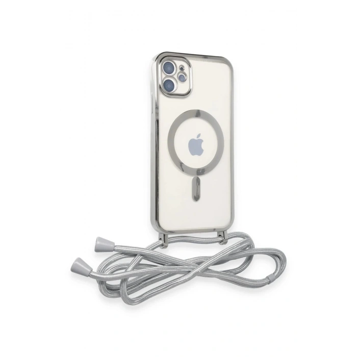 HarmonyAura  Iphone 11 Kılıf Divo Lazer Askılı Magsafe Kapak - Gümüş