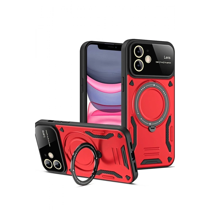 HarmonyAura  Iphone 11 Kılıf Joy Lens Standlı Kapak - Kırmızı